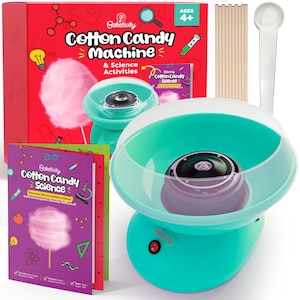 May include: A teal cotton candy machine with a clear lid and a red power button. The machine is surrounded by cotton candy sticks, a white measuring spoon, and a book titled "Cotton Candy Science".