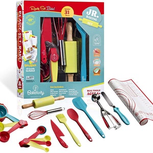 Set de pâtisserie 31 pièces Baketivity pour enfants avec 12 cartes de recettes gratuites - Kit de pâtisserie complet avec de vrais ustensiles de cuisine pour les enfants de 6 ans et plus -...