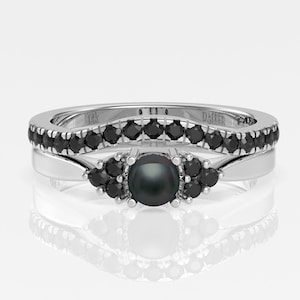 Pearl Engagement Ring, Black Pearl Ring, 14K Gold Double Band, Pearl And Diamond Ring, Pearl Stacking Ring, Black Pearl Statement Ring, Fine