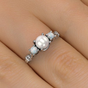 Pearl Engagement Ring, Pearl And Diamond Ring, Opal And Pearl Ring, 14K White Gold Band, Natural Pearl, Bride Pearl Ring, Vintage Style Ring