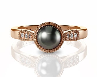 Black Pearl Ring, Pearl And Diamond Ring, Pearl Engagement Ring, 14K Gold, Pearl Promise Ring, Vintage Pearl Ring, Dainty Pearl Ring, Unique