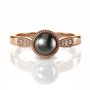 Black Pearl Ring, Pearl And Diamond Ring, Pearl Engagement Ring, 14K Gold, Pearl Promise Ring, Vintage Pearl Ring, Dainty Pearl Ring, Unique