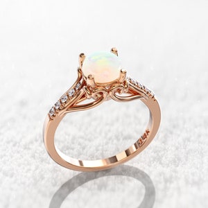 Opal Engagement Ring Rose Gold 1 Carat  6.5mm Round Opal Cabochon & 0.09 ct Accents Diamond Art Deco Ring