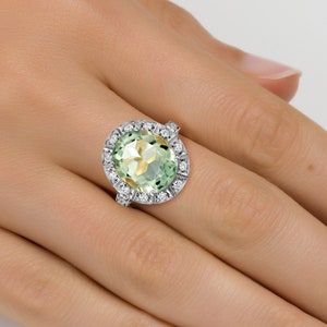 Green Amethyst Engagement Ring, Natural Oval Amethyst Ring, Amethyst Wedding Ring, Amethyst And Diamond Ring, 14K Solid Gold Band, Luxury