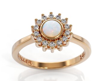 Opal Engagement Ring, Opal Diamond Ring, Halo Opal Ring, October Birthstone Ring, 14K Gold, Opal Wedding Ring, Dainty Opal Ring, Art Deco