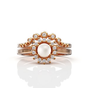pearl engagement ring rose gold Bridal Sets Wedding Rings 14k Halo Ring Diamond Curved Wedding Band Women cluster eternity ring