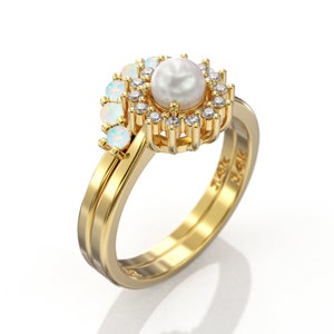 Pearl And Diamond Ring, Opal And Pearl Ring, Pearl Engagement Ring, Natural Diamonds, 14K Gold Ring, Opal Bridal Ring, Pearl Wedding Ring