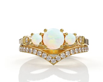 Bridal Sets 14K Gold Opal Engagement Ring 3 Opal And Diamond bridal set chevron wedding band Women