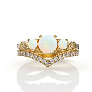 Bridal Sets 14K Gold Opal Engagement Ring 3 Opal And Diamond bridal set chevron wedding band Women