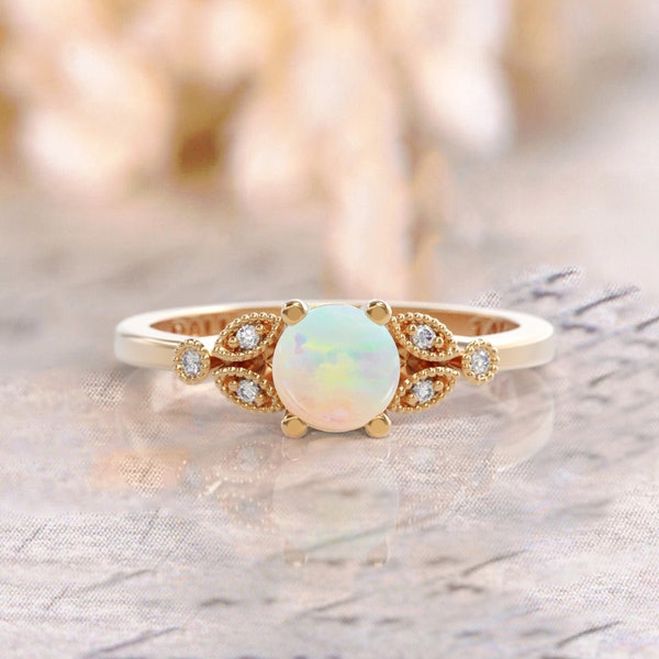 Opal Engagement Ring Rose Gold 5mm Round Natural Opal ring & 6 Diamond Accent 14k rose gold