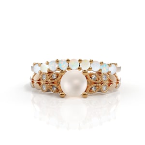 Uniqu Set Pearl engagement ring pearl diamond ring October birthstone 14k opal ring gold White Opal Matching Wedding Band Women