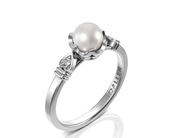 Pearl Engagement Ring, white gold engagement ring, Pearl Wedding Ring, Pearl Diamond Engagement Ring, Dainty Pearl Ring, Anniversary Gift