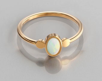 solitaire opal ring 6x4mm oval genuine opal October birthstone 14k rose gold ring