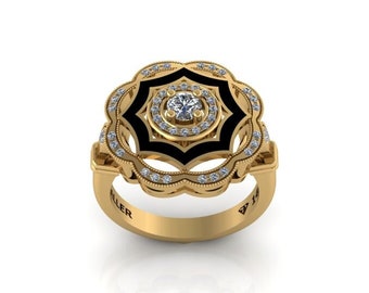 Real Diamond Ring, Enamel Diamond Ring, Flower Diamond Ring, 14K Gold Band, Natural Diamond Ring, Vintage Style Ring, Statement Diamond Ring