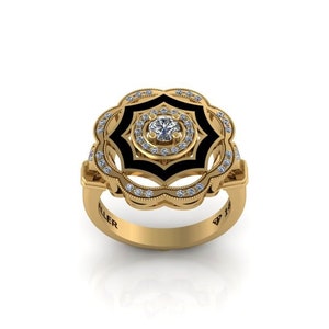 Echter Diamantring, Emaille Diamantring, Blumen Diamantring, 14K Gold Band, Naturdiamantring, Vintage Style Ring, Statement Diamantring
