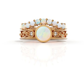 14k rose gold Bridal Sets Opal engagement ring opal and diamond natural 5mm opal & 2mm  Opal Matching curved wedding bands women