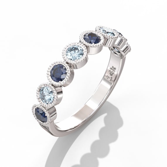 14k White Gold Blue & White Diamond Anniversary Band - 3mm 14k White Gold Blue & White Diamond Anniversary Band - 3mm