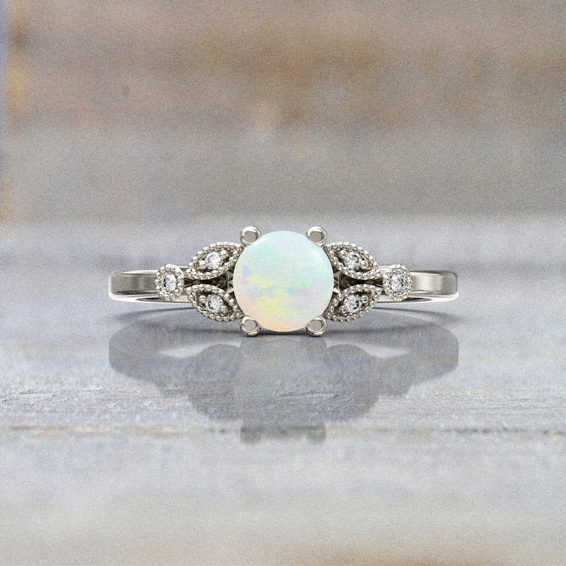 white opal engagement ring 5mm Natural Opal and Diamond Ring 7 stone Ring 14k white gold