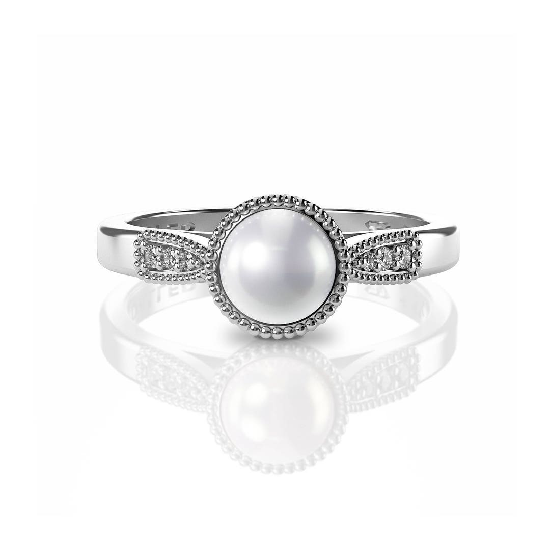 Vintage Rose Pearl Engagement Ring, 14K Solid Rose Gold Freshwater