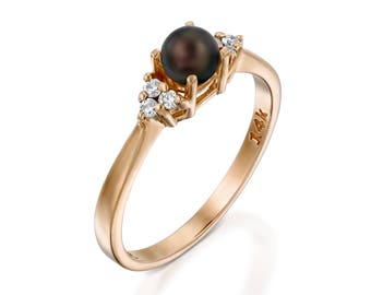 14k Rose Gold Engagement Ring, Black Pearl Ring, diamond pearl ring, Black Pearl Engagement Ring, black tahitian pearl rings, pearl ring