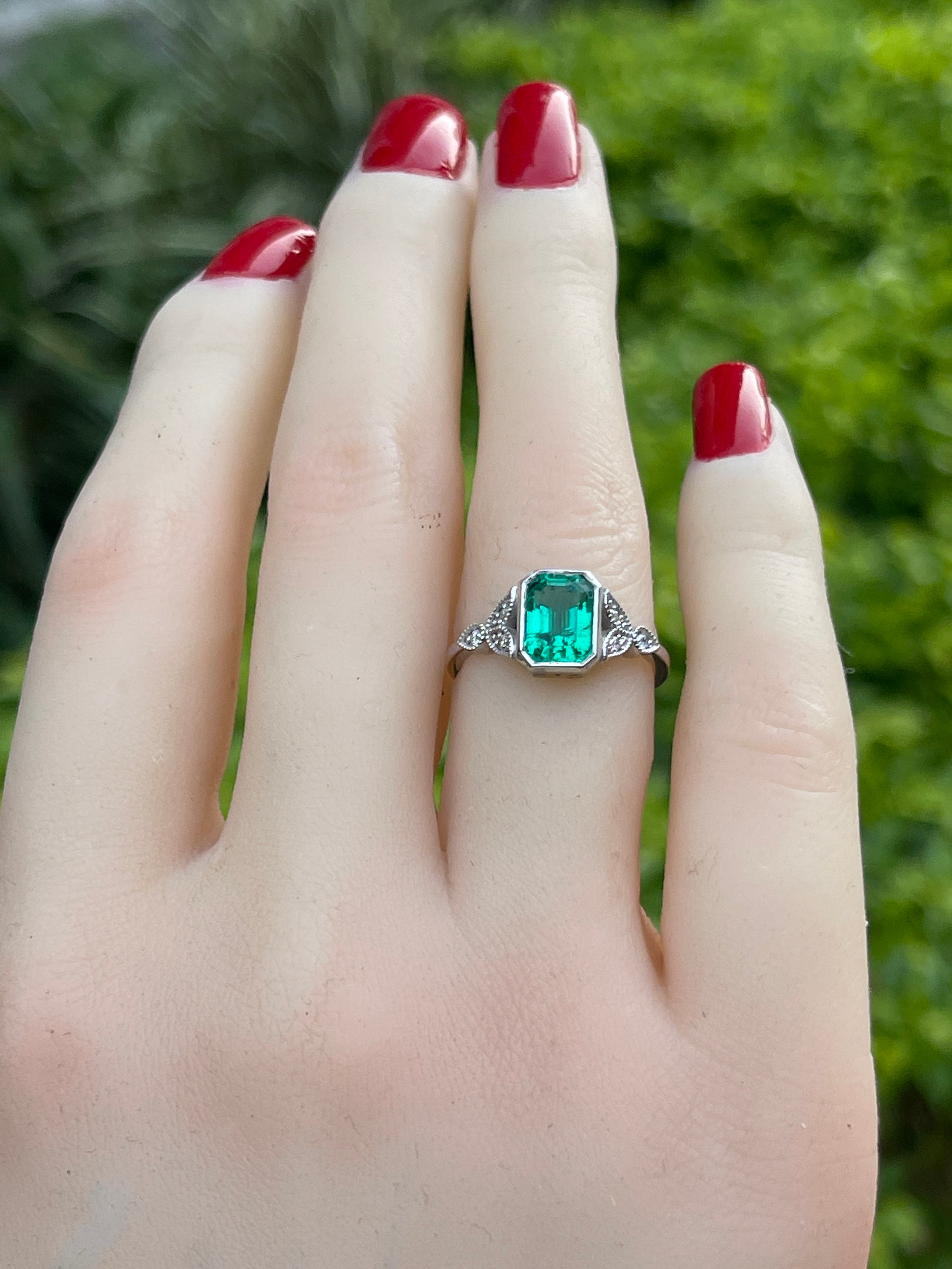 Emerald Cut Engagement Rings Lab Grown Emerald 1.2ct 8x6mm Antique Style 0.06ct Natural Diamond Etsy