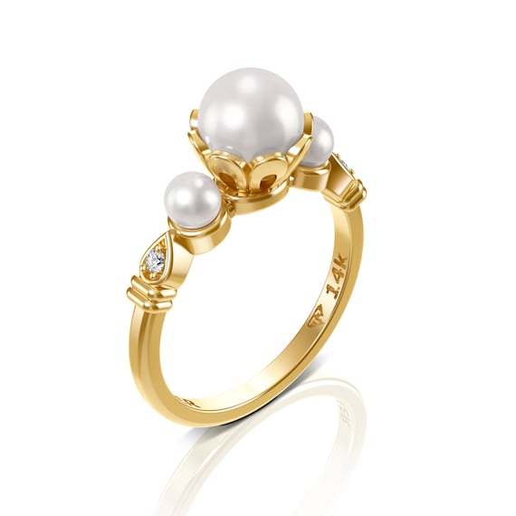 Pearl Engagement Ring 14k Gold Pearl Ring White Pearl Ring - Etsy