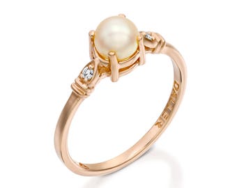 pearl engagement ring rose gold, Pearl Wedding Ring, pearl vintage ring, White Pearl Ring, Diamond Pearl Gold Ring, 14k gold pearl, Gift