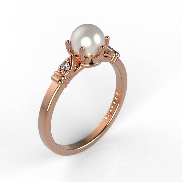 pearl ring, pearl promise ring , pearl engagement ring rose gold, pearl vintage ring, Unique Anniversary Gift, Art Deco, Vintage Floral Leaf