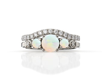 Bridal Sets 14k white gold opal Engagement Ring 3 Opal And Diamond bridal set 0.25 carat curved wedding band Women