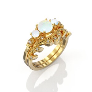14k opal and diamond ring bridal set Opal engagement ring diamond leaf curved wedding band Women