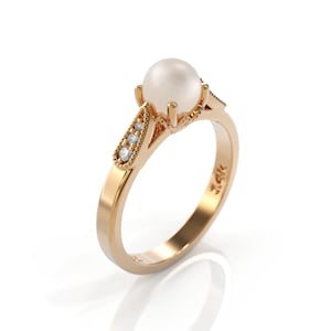 Pearl Engagement Eing Rose Gold 5 mm Natural White Pearl Diamond Ring 14K solid gold