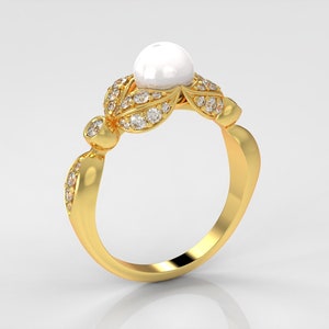 Pearl Diamond Wedding Engagement Ring, Real Diamond Promise Ring, 14k Gold Band Bridal Ring, Art Deco Ring, Pearl Jewelry