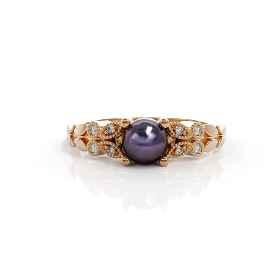 Black Pearl Engagement Ring Pearl Wedding Ring Rose Gold Etsy