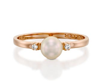 pearl Diamond Ring, white pearl engagement ring, June birthstone ring,Diamond Wedding Ring with Solitaire Pearl Ring, 14k gold pearl ring