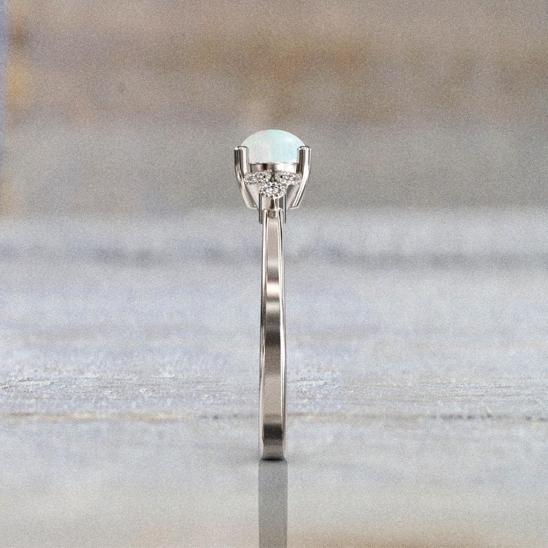 white opal engagement ring 5mm Natural Opal and Diamond Ring 7 stone Ring 14k white gold