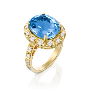 Blue Topaz Engagement Ring, Topaz And Diamond Ring, 14K Gold, Natural Blue Topaz Ring, Topaz Wedding Ring, Real Diamond Ring, Art Deco Ring