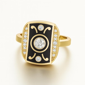 Gold & Black Enamel Diamond Statement Ring – 14K Gold Vintage Art Deco Style Cocktail Ring for Women