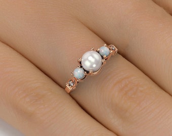 Pearl Opal engagement ring, rose gold, Diamond Pearl Gold, 14k gold opal ring, October birthstone ring, Inspirational, Elegant Chic Ring