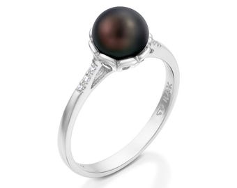 Anillo de perla negra, anillo de perla de oro de 14k, anillo de