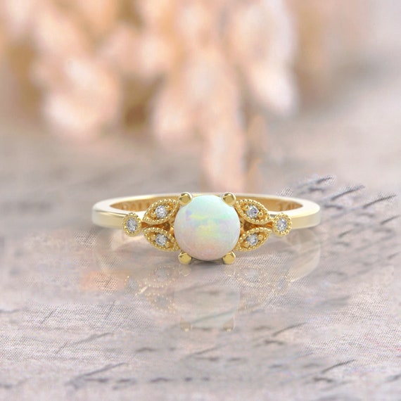 Opal Engagement Ring 5mm Natural Opal and Diamond Ring 3 Stone Side 14k Yellow Gold Etsy