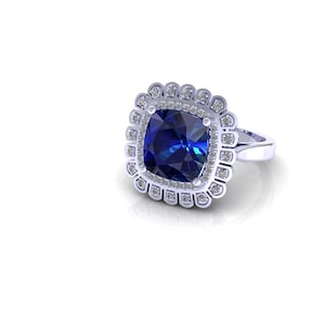 4 carat diamond engagement ring Blue Sapphire cushion cut 10mm Cluster halo diamond 0.34 ct 14k white gold ring