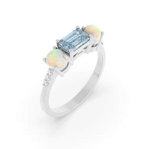 Opal and Aquamarine Ring – Women Gemstone Stacking Ring –White  Opal Engagement Ring –Promise Art Deco Opal Bridal Ring - Anniversary Gif