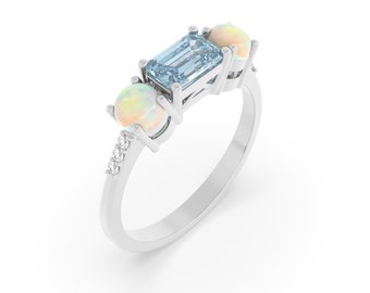 Opal and Aquamarine Ring – Women Gemstone Stacking Ring –White  Opal Engagement Ring –Promise Art Deco Opal Bridal Ring - Anniversary Gif