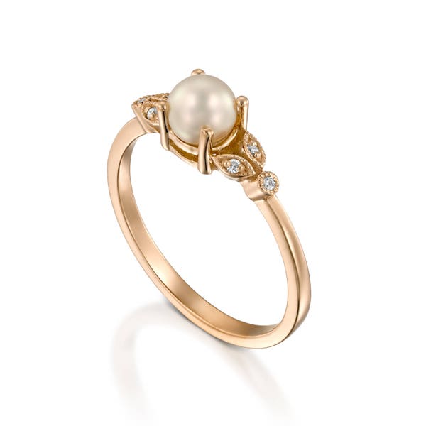 Pearl Engagement Ring 14k Rose Gold pearl and diamond ring 3 stone diamond side Thin delicate Leaves