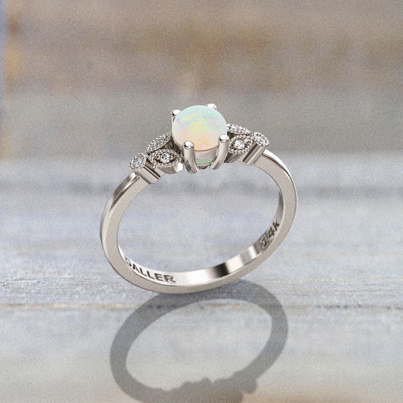 white opal engagement ring 5mm Natural Opal and Diamond Ring 7 stone Ring 14k white gold