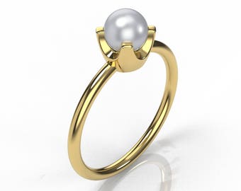 Pearl Engagement Ring,Freshwater Pearl Ring,White Pearl Engagement Ring,Dainty Pearl Ring,Prongs Gold Ring,Gold Pearl Band,Dainty Gold Ring