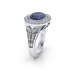 Blue Sapphire Engagement Ring Diamond Halo Sapphire Ring Custom Wedding Jewelry 14K 18K Gold