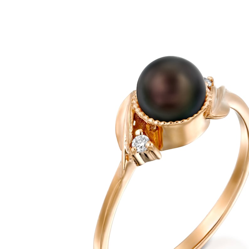 black Pearl Engagement Ring Pearl Wedding Ring Black Pearl Ring 14k gold pearl ring black tahitian pearl rings diamond pearl ring
