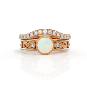 Bridal Sets Opal engagement ring opal and diamond natural 5mm opal & 0.25 carat diamond curved wedding band women