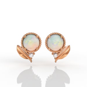 Brincos de opala ouro rosa e 2 redondos pequenos pérola branca 5 mm opala natural brincos de noiva presente de aniversário